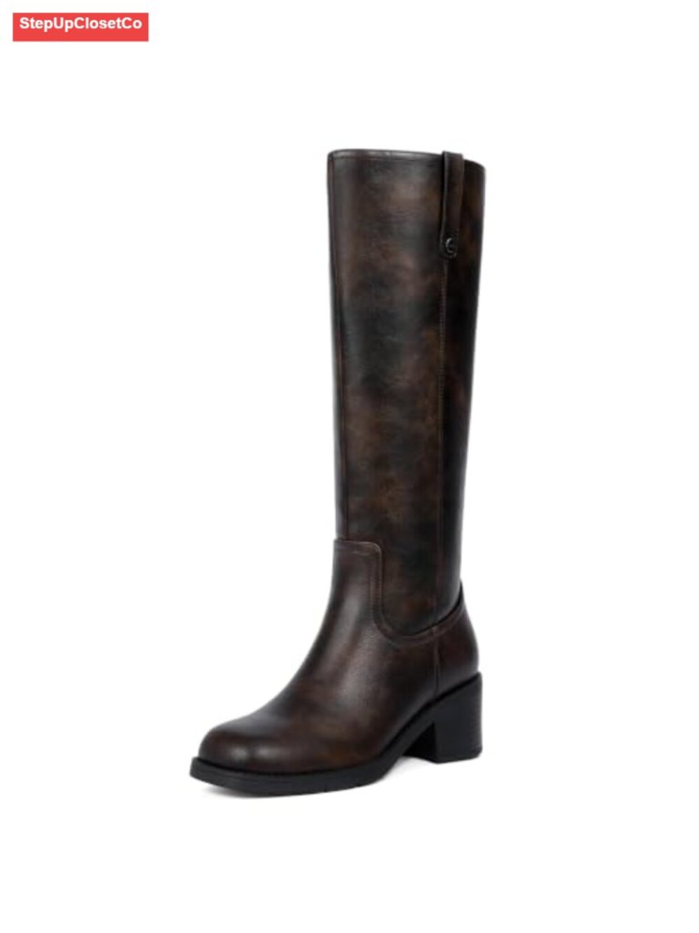 Knee High Chunky Heel Square Toe Rivet Pull Tab Riding Boots Faux Leather